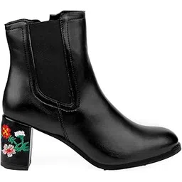 Women's Faux Leather Material Embroidered Heels Buckle and Zipper High Ankle Formal Boots.