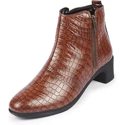 Women's Flared Heel High Ankle Leopard Print Embossed Side Zipper Classic Boots