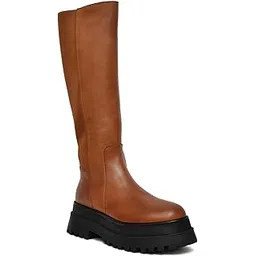 Women's Genuine Leather Tan Knee-High Platform Boots with Chunky Lug Sole and Stretch Panel