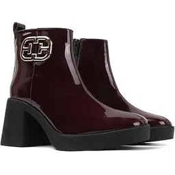 Women's Glossy Platform Ankle Bootie Chunky Heel with Gold-Tone Emblem