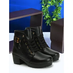 Women’s Grey Lace-Up Boots with Zip & Buckle Detail and Block Heel Boots For Women