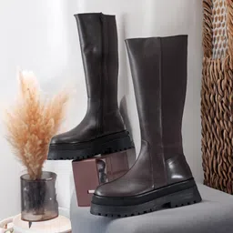 Women's Knee-High Brown Leather Platform Boots with Chunky Lug Sole Boots For Women