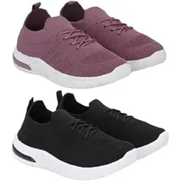 Women’s Lace-up & Slip-On Style Combo Lightweight Knit Sneakers68_PurBlk