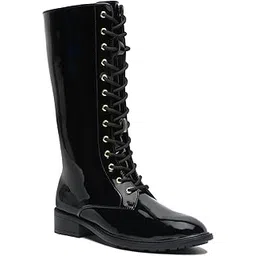 Women's Laceup Patent Leather side zippper Round Toes Calf Length Comfort Boots