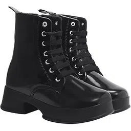 Women’s Patent Lace-Up Ankle Boots – Chunky Platform Heel Combat Style Comfortable Fashion Booties