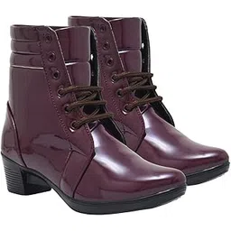 Women's Patent Leather Ankle Boots – Stylish Block Heel Lace-up Closure Boots Detail for Casual & Party Footwear