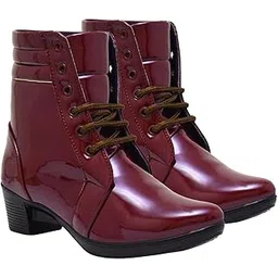 Women's Patent Leather Ankle Boots – Stylish Block Heel Lace-up Closure Boots Detail for Casual & Party Footwear