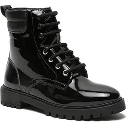 Women's Petent Laceup With New chunky Sole Ankle Length Comfort Mid Top Flat Boots