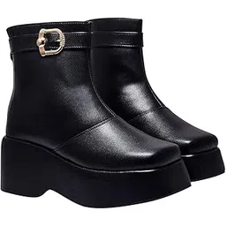Women's Platform Ankle Boots – Faux Leather Slip-On Boots with Gold Buckle Detail and Wedge Heel