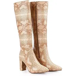 Women’s Premium Faux Leather Trendy Formal Snakeskin Knee-High Boot With 9 Cm Block High Heel Height