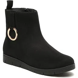 Women's Premium suede Slip-on with side zipper Golden ring accent on opposite side flat sole smart-casual mid-top comfort boots,Perfect for pairing with jeans