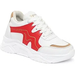 Womens Red and White Athletic Sneakers Shoes with Tan Accents