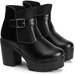 Women's Round Toe Ankle Boots Buckle Zipper Chunky Block Heel Boots for Women