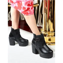 Women's Round Toe Ankle Boots Buckle Zipper Chunky Block Heel Boots for Women Boots For Women