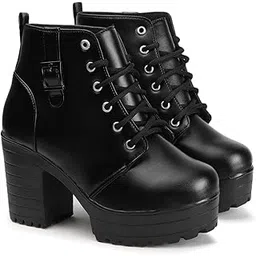 Women's Round Toe Boots Buckle Lace Up Chunky Block Heel Boots for Women