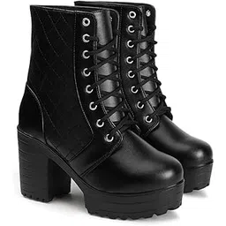 Women's Round Toe Boots Lace Up Chunky Block Heel Boots for Women & Girls