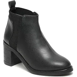 Women's Slipon with Both Side Elastic new TPR Sole Round Toe Ankle Length Comfort Mid Top Block Heel Boots