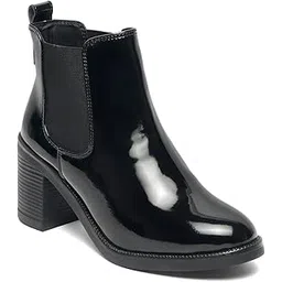 Women's Slipon with Both Side Elastic Patent Leather TPR Sole Round Toe Ankle Length Comfort Mid Top Heel Boots