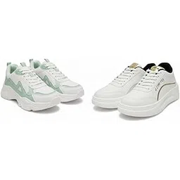 Womens Sneakers – Fashion Chunky & Classic Lace-Up Trainers – White Mint Green Platform Shoes & Gold Accent Casual Sneakers for Walking, Running & Streetwear