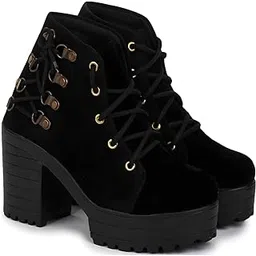 Women’s Stylish Black Block Heel Ankle Boots Winter | Trendy Lace-Up Velvet Boots for Girls & Ladies | Comfortable Chunky Platform Heel Boots for Casual & Party