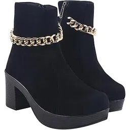 Women’s Stylish Block Heel Ankle Boots with Golden Chain | Trendy Finish Zip Closure Boots for Party & Casual Footwear