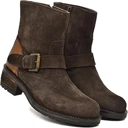 Women's Suede Ankle Boots with Buckle Strap and Leather Trim