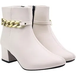 Women's Synthetic Leather Ankle Boots – Stylish Block Heel Zip Closure Boots with Golden Buckle Detail for Casual & Party Footwear