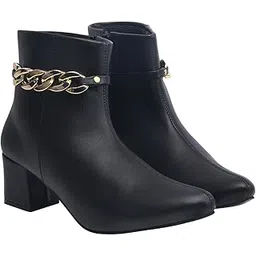 Women's Synthetic Leather Ankle Boots – Stylish Block Heel Zip Closure Boots with Golden Buckle Detail for Casual & Party Footwear