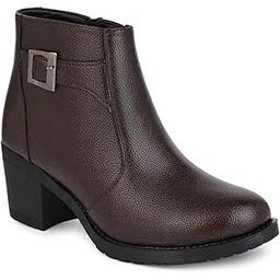 Women's Synthetic Leather Ankle Boots with Buckle, Block Heel, Comfortable Zipper Closure, Stylish Casual and Work Footwear for Fall and Winter Fashion