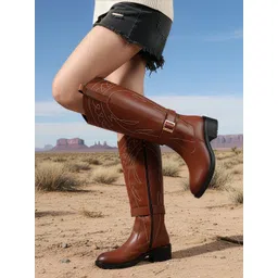 Women's Tall Embroidered Knee-High Riding Style with Western Boot Buckle Detail Boots For Women