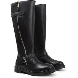 Women's Tall Zipper Accent Riding Boot Buckled Knee-High Fashion Footwear