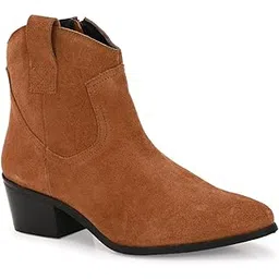 Women's Tan Genuine Leather Western Ankle Boots Low Block Heel & Side Pull Tabs (804)