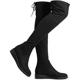 Women's Thigh High Fashion Boots Over The Knee Black Low Flat Heel Boots