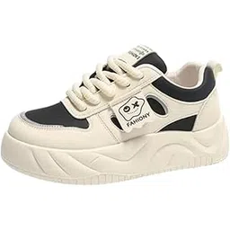 Women’s White and Black Chunky Platform Sneakers lace-up Thick Sole with Cushioned Insole Padded Collar for Walking Casual Wear