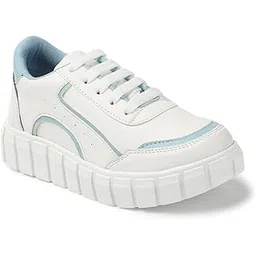 Women's White and Pink Casual Sneakers, Lace-Up Style, Wave Pattern Sole, Comfortable Athletic Walking Shoes
