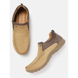 Woodland Men Camel Brown Nubuck Colourblocked Wide Fit Slip-On Sneakers