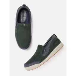 Woodland Men Green & Navy Blue Colourblocked Slip-Ons