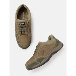 Woodland Men Khaki & Green Colourblocked Leather Sneakers