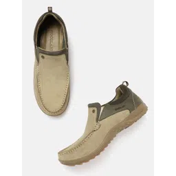 Woodland Men Khaki & Olive Green Nubuck Colourblocked Wide Fit Slip-On Sneakers