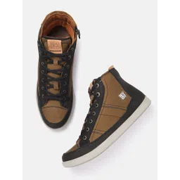 Woodland Men Mid-Top Colourblocked Leather Sneakers with Lace-Up Detail