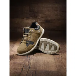 Woodland Men Olive Brown Nubuck Leather Sneakers