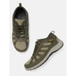 Woodland Men Olive Green & Khaki Nubuck Colourblocked Wide Fit Sneakers