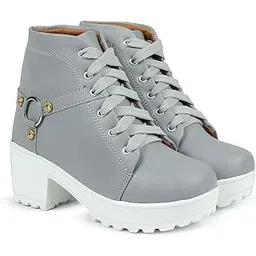 Woomen s Boots Shoes High Neck Fashion Casual Boot High Ankle Heel for Girls Boot (Size UK6, Grey)