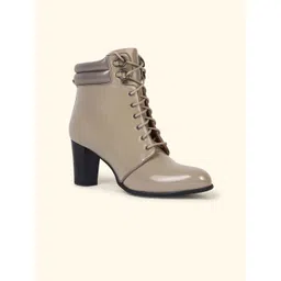 yoho Women Lace-Up Mid-Top Pointed Toe Chunky Boots